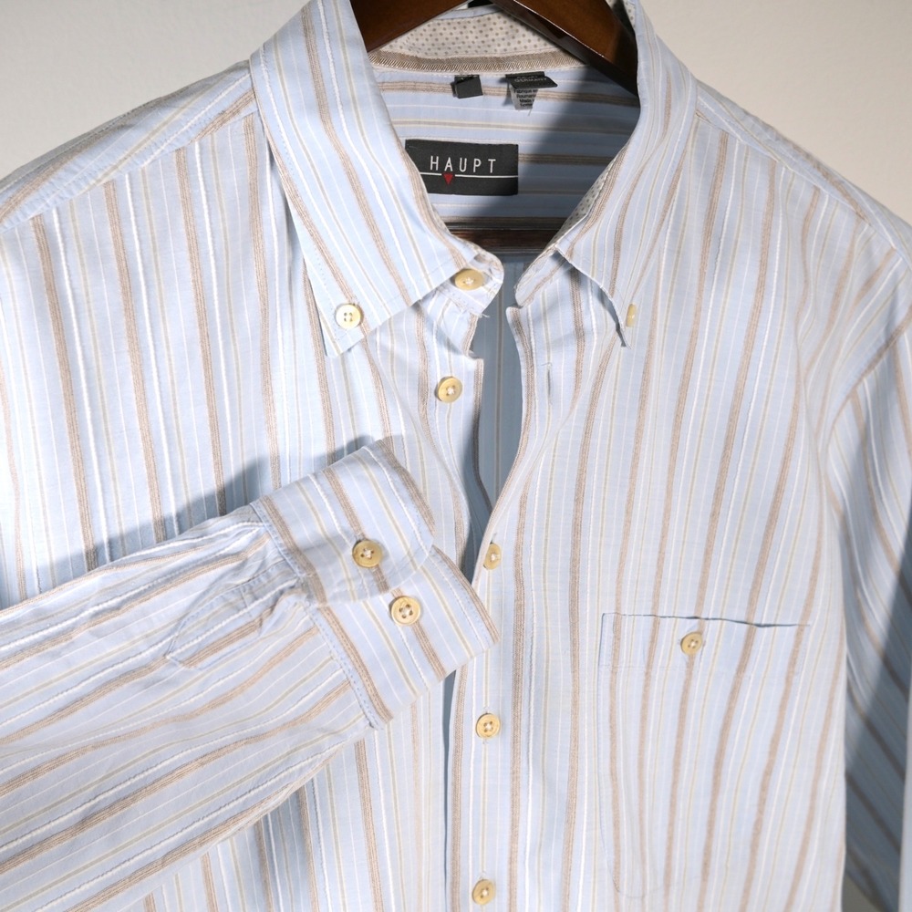 Haupt Germany Mens XL Blue Tan Striped Button Down Shirt Long Sleeve 17.5 Collar
